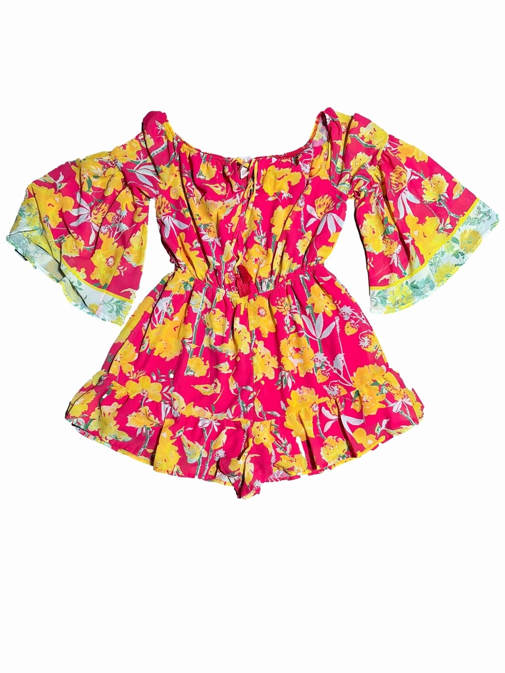 Flying Tomato Floral Bell Sleeve Romper Pink Yellow Large - Picture 2 of 6